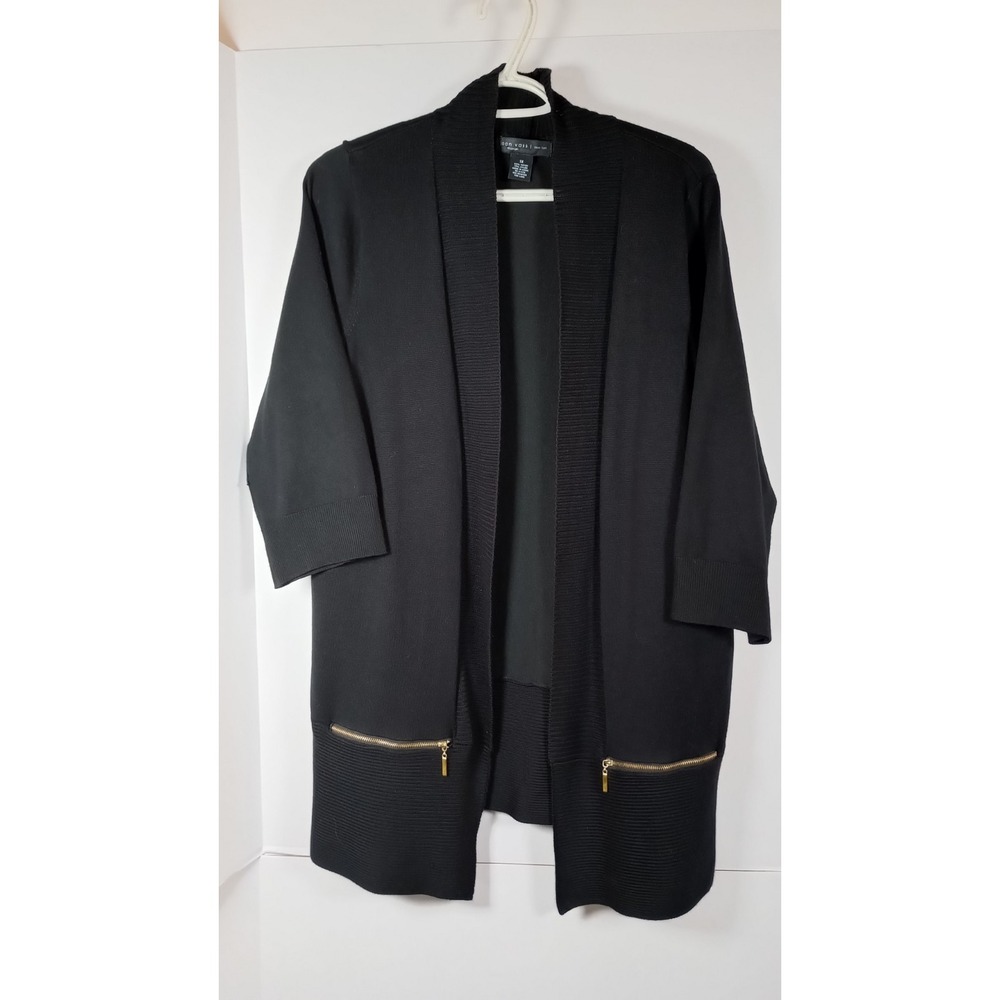 Joan Voss Black Cardigan Swaeter Gold Hardware 3/4 Sleeve Sz W 1X Career Pockets